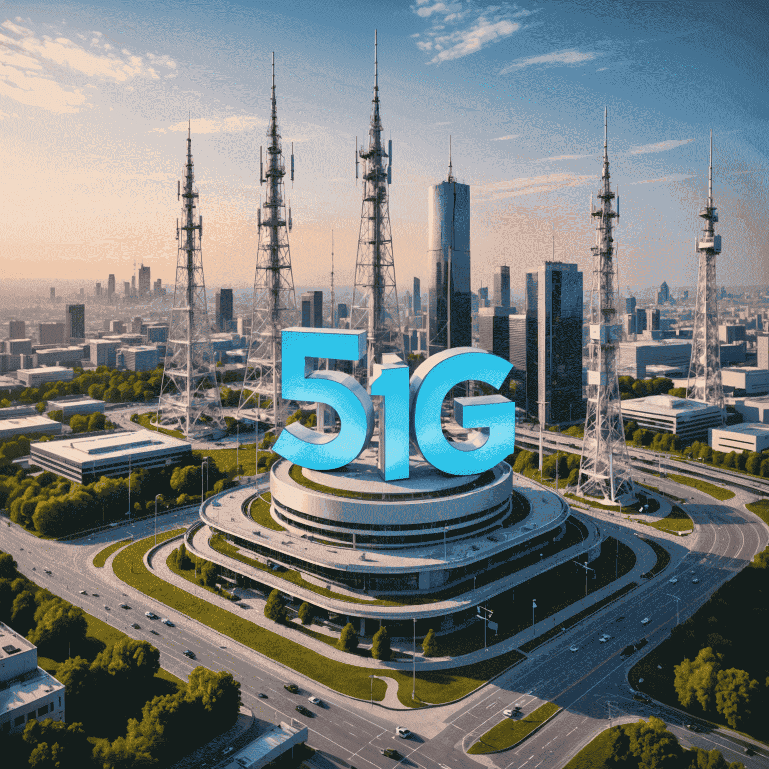 صورة توضيحية لتقنية الجيل الخامس 5G مع هواتف ذكية وأبراج اتصالات